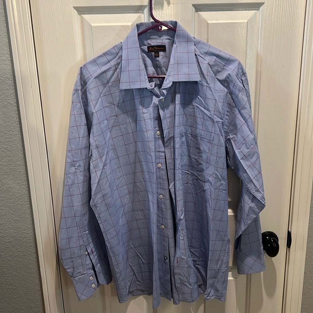 Ben Sherman Men’s Blue/Pink checkered print Long Sleeve Shirt size 17 x 32-33